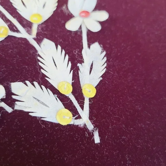 Handcrafted Floral Applique On Deep Burgundy Velvet 1970's White Petals Sequence - Picture 6 of 11